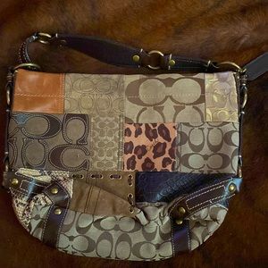 Patchwork Leather Coach Shoulder Bag with Animal Print